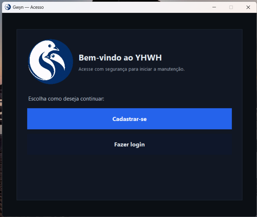 Tela inicial de acesso com opções de cadastro e login